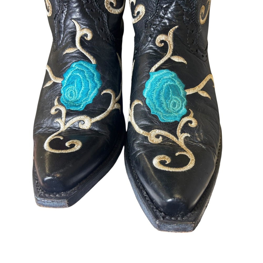 Ariat Black Leather Turquoise Floral Embroidered Snip Toe Western Boots 7 B - Picture 8 of 14